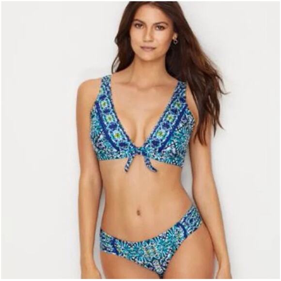 La Blanca Blue Tuvalu Tapa Front Tie 2 Piece Bikini Swim Set - Picture 1 of 7